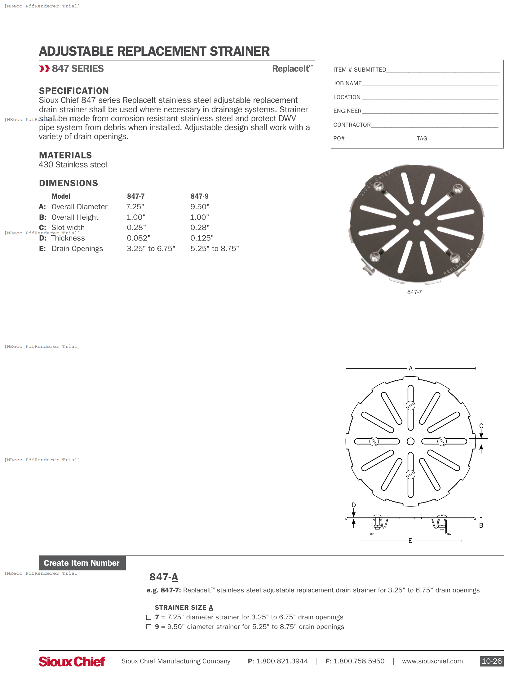 847 SERIES - REPLACEIT DRAIN STRAINER - SPEC SHEET.PDF Specification Document